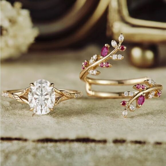 🩷 NEW Elegant Gold and Ruby Red Gemstone Ring Set Size 8 🩷 - Picture 7 of 7